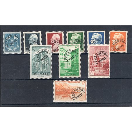 Monaco 1943/51 Preobliterati soprast. “AFFRANCHIS POSTES” serie n° 1/10 Cat. € 205 (**)