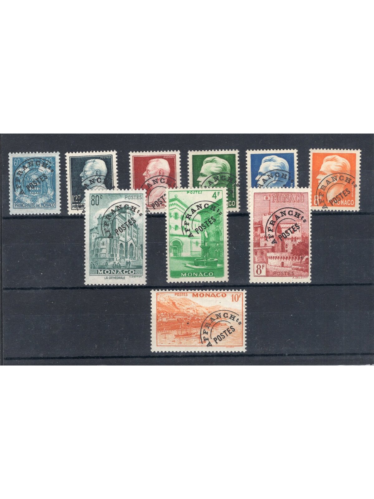 Monaco 1943/51 Pre-cancelled with overprint “AFFRANCHIS POSTES” series no. 1/10 Cat. €205 (**)