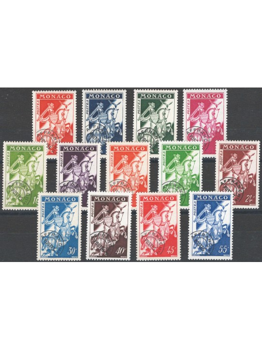 Monaco 1954/59 Preobliterati Cavaliere soprast. “AFFRANCHIS POSTES” serie n° 11/16 Cat. € 50 (**)