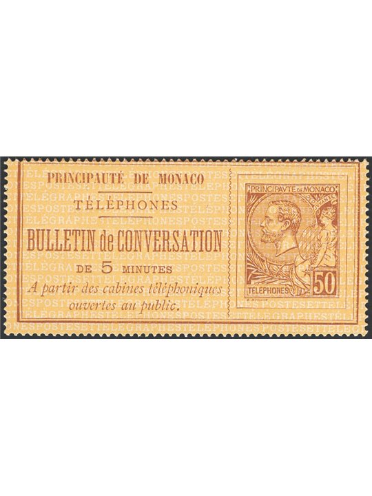 Monaco 1886 Albert I telephone stamps 50 c. no. 1. CiBaFil Certificate Cat. €575 (**)