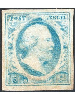 Olanda 1852 Re Guglielmo III 5 c. azzurro verdastro n° 1d Cert. Apicella Cat. € 3.300 (**)