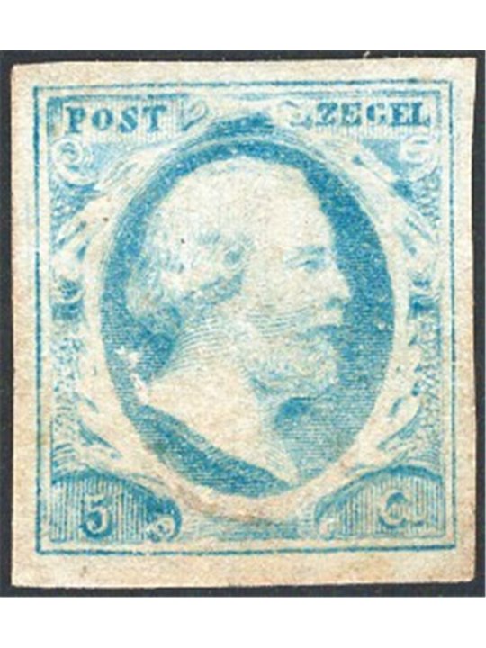 Olanda 1852 Re Guglielmo III 5 c. azzurro verdastro n° 1d Cert. Apicella Cat. € 3.300 (**)