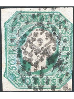 Portogallo 1862 Luigi I a sinistra 50 r. verde azzurro n° 16a Cat. € 130 (U)