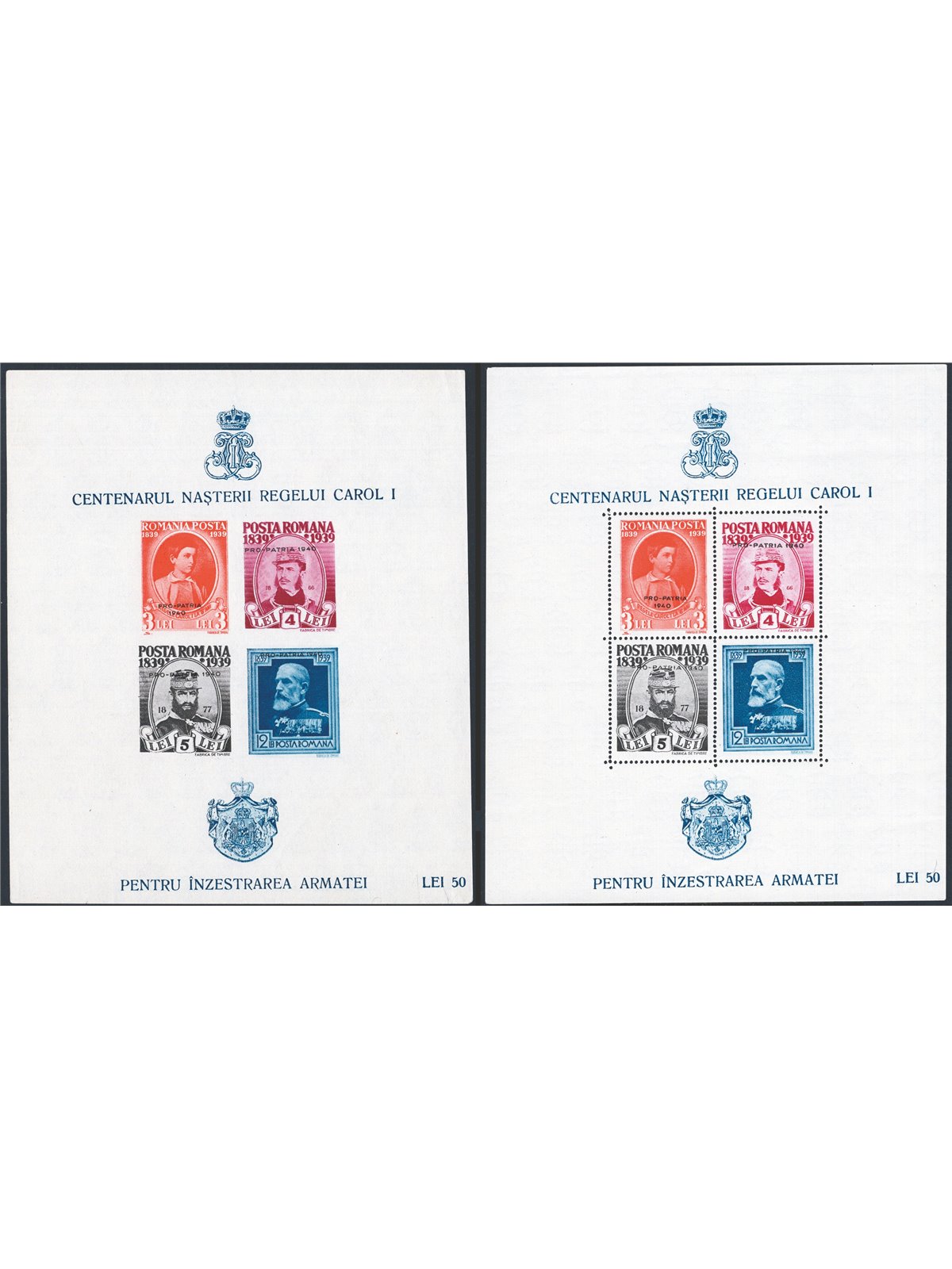Romania 1939/40 BF 100° Anniv. della Nascita di Carlo I soprast. “PRO PATRIA 1940” dent. e non dent. n° 4A + 4A Cat. € 150 (**)
