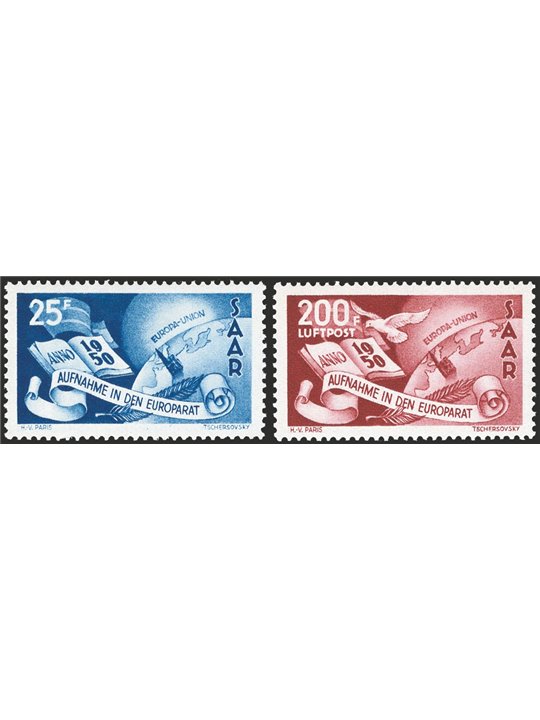 Sarre 1950 Consiglio d'Europa n° 277 + P.A. 13 Cert. CiBaFil Cat. € 230 (**)