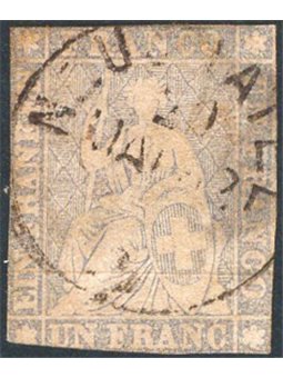 Switzerland 1856/57 Seated Helvetia “1 franc”. Violet-grey on thin paper with yellow silk thread and short margins defective no.