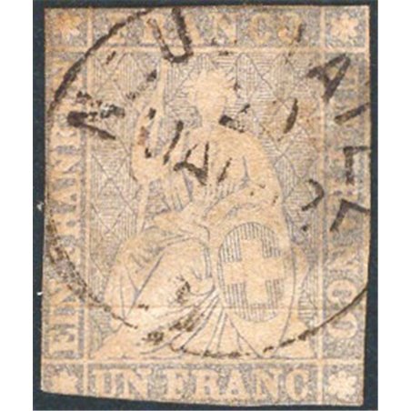 Svizzera 1856/57 Helvetia seduta “1 franc”. grigio violetto su carta sottile e filo di seta giallo con margini corti difettoso n
