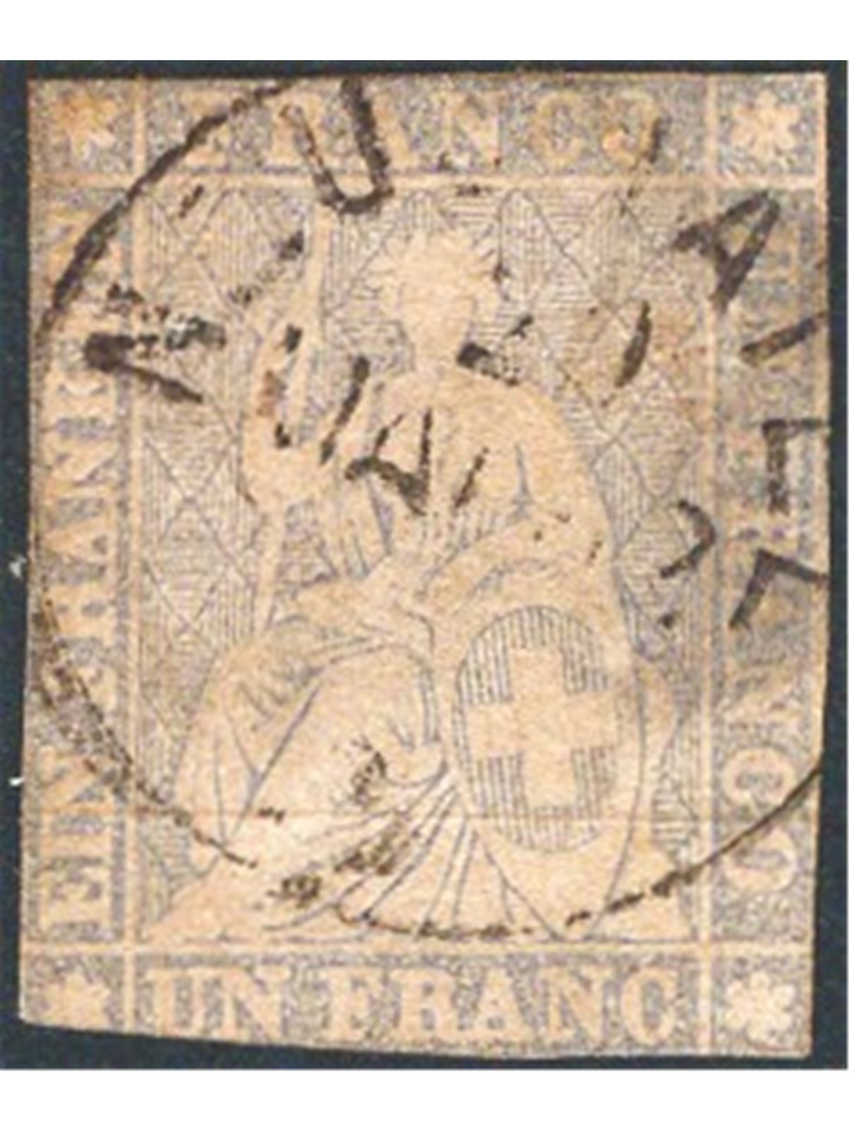 Switzerland 1856/57 Seated Helvetia “1 franc”. Violet-grey on thin paper with yellow silk thread and short margins defective no.