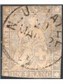 Svizzera 1856/57 Helvetia seduta “1 franc”. grigio violetto su carta sottile e filo di seta giallo con margini corti difettoso n
