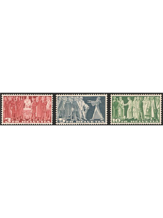 Switzerland 1942 Historical subjects on yellow paper with silk threads series no. 313B/315B Cat. €80 (*)