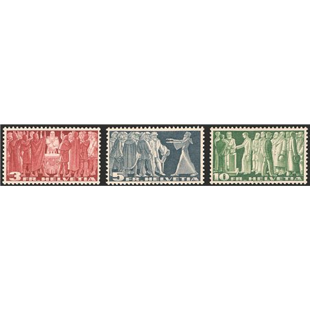 Svizzera 1942 Soggetti storici su carta gialla con fili di seta serie n° 313B/315B Cat. € 80 (*)