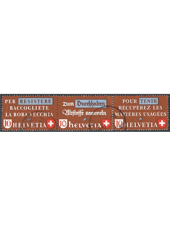 Svizzera 1942 Recupero della materie usate serie n° 375/77 in trittico orizzontale Cat. € 270 (U)