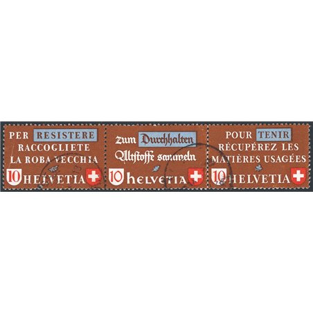 Svizzera 1942 Recupero della materie usate serie n° 375/77 in trittico orizzontale Cat. € 270 (U)