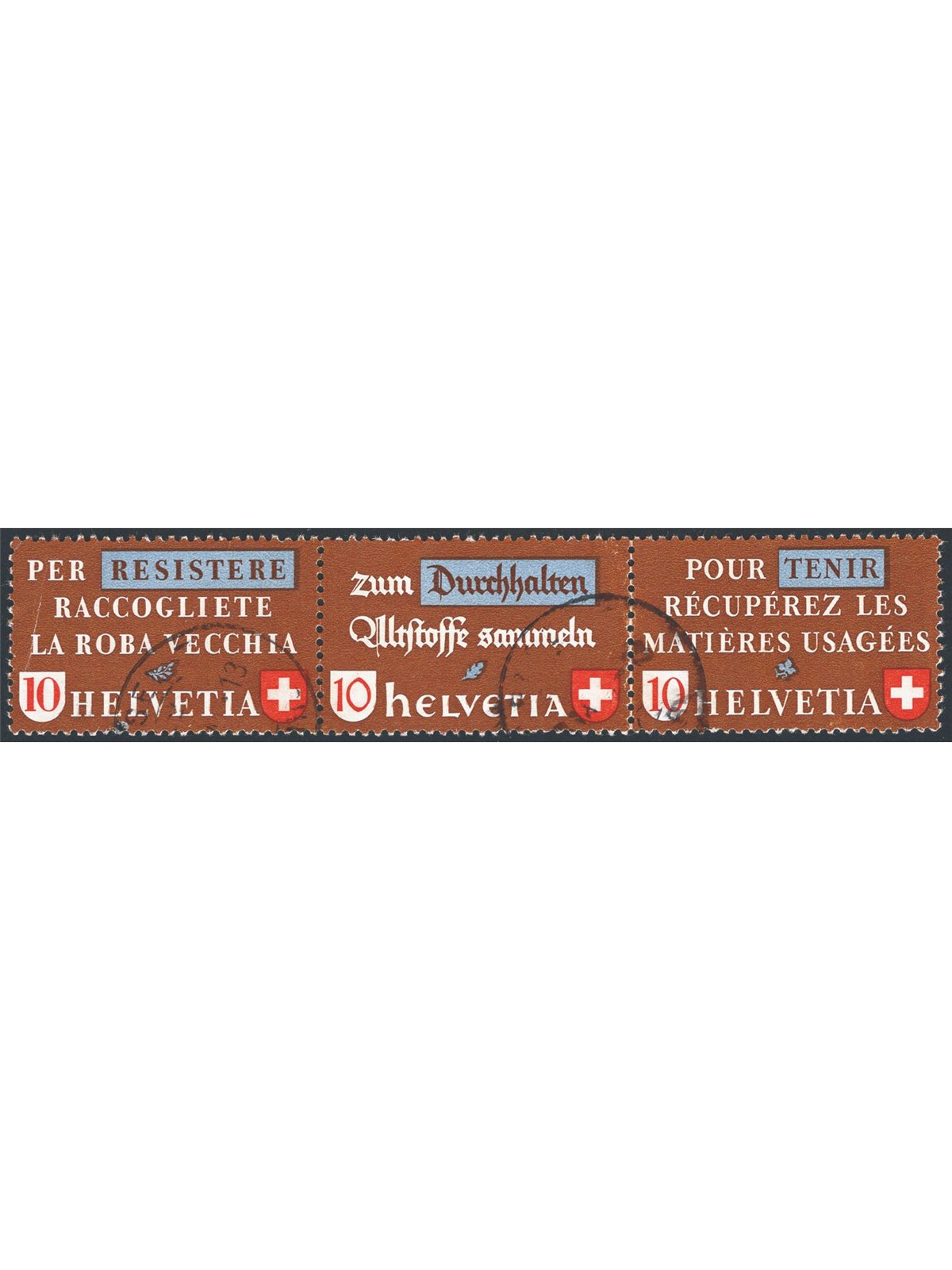 Svizzera 1942 Recupero della materie usate serie n° 375/77 in trittico orizzontale Cat. € 270 (U)