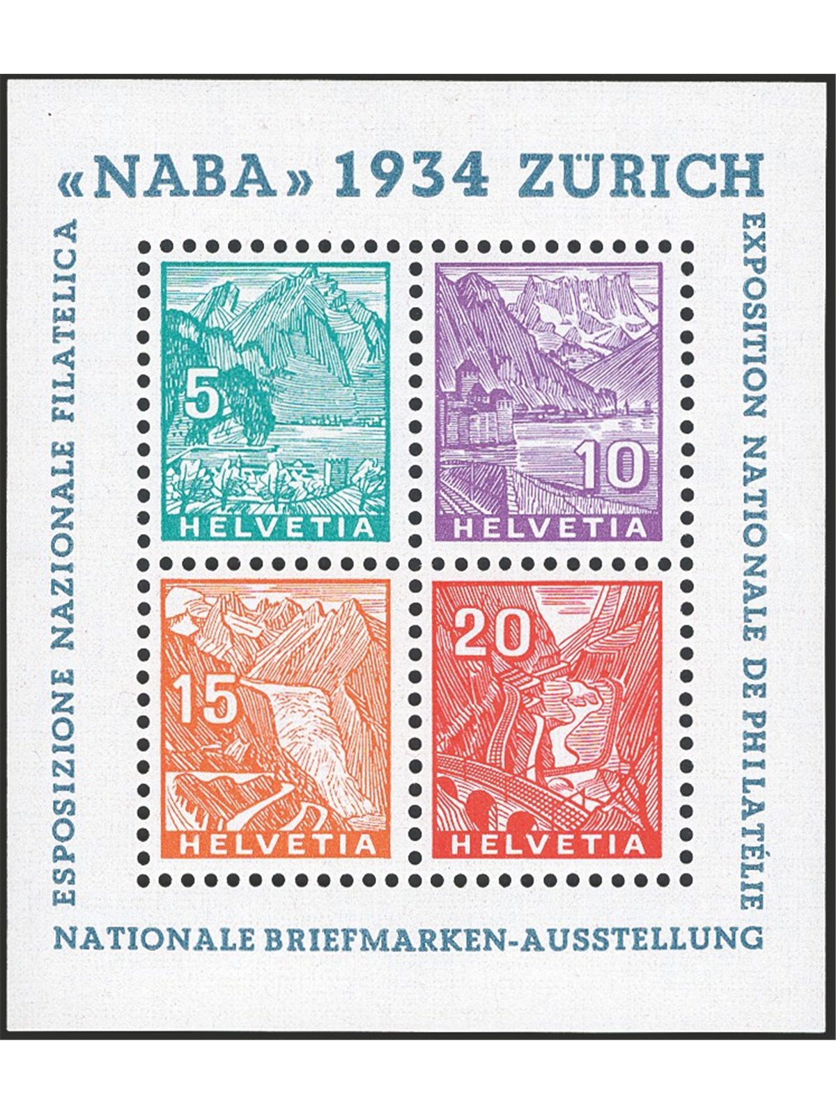 Switzerland 1934 BF ‘Naba’ Expo no. 1. Partenophil certificate Cat. € 900 (**)