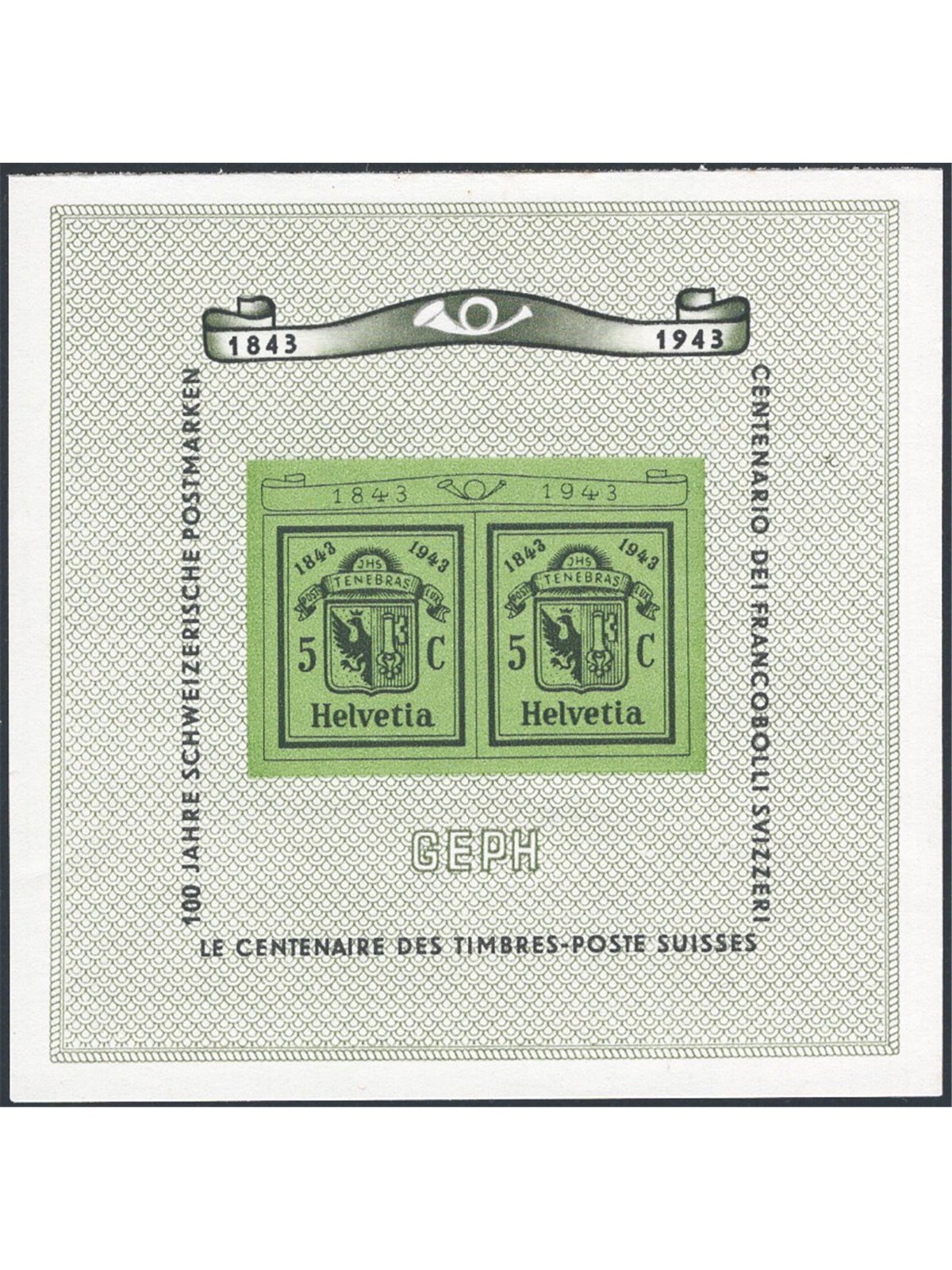 Svizzera 1943 BF Centenario del Francobollo Svizzero n° 10 Cat. € 90 (**) 