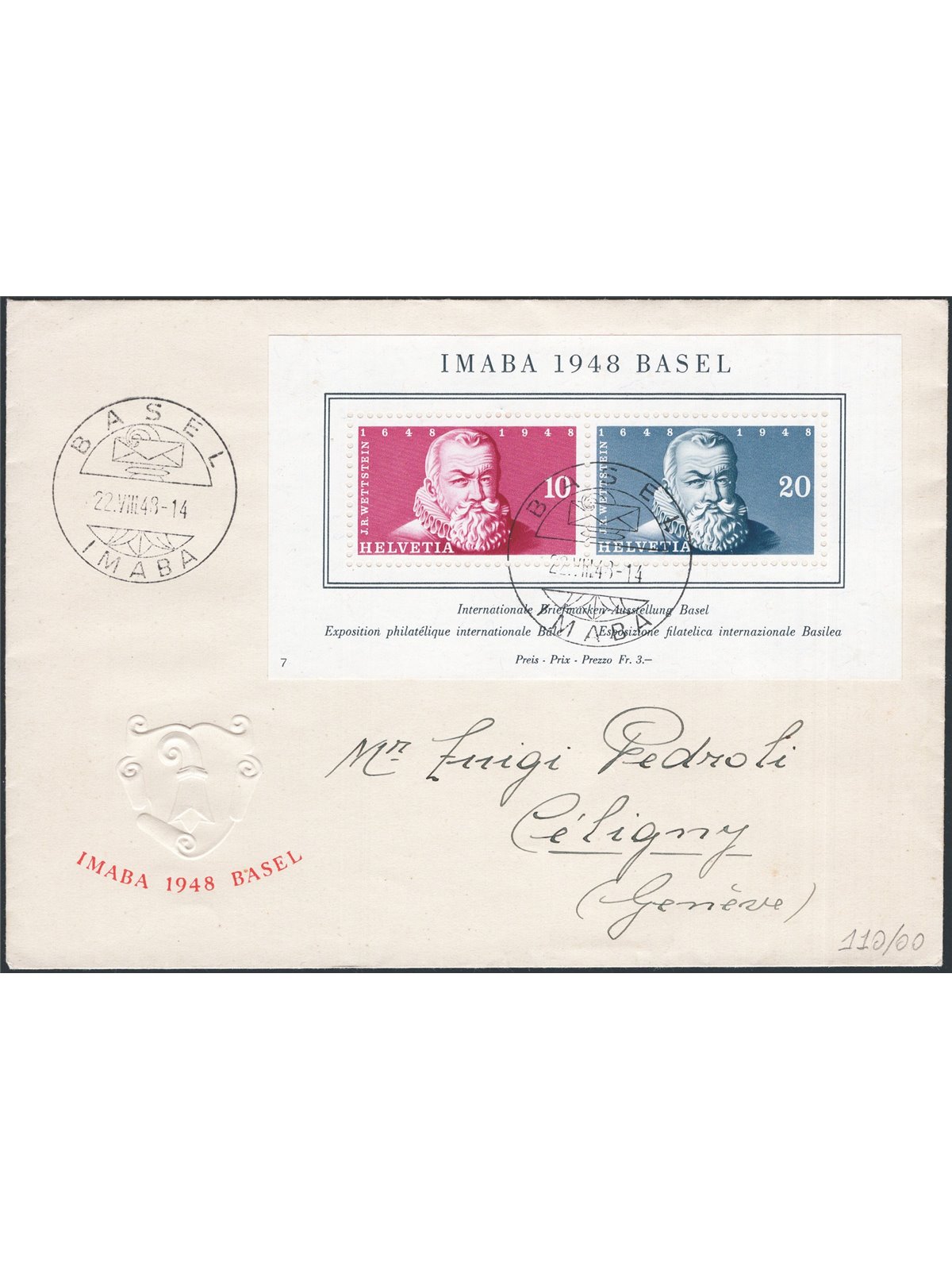 Switzerland 1948 BF Imaba Exhibition on a letter to Geneva no. 13 Cat. €240
