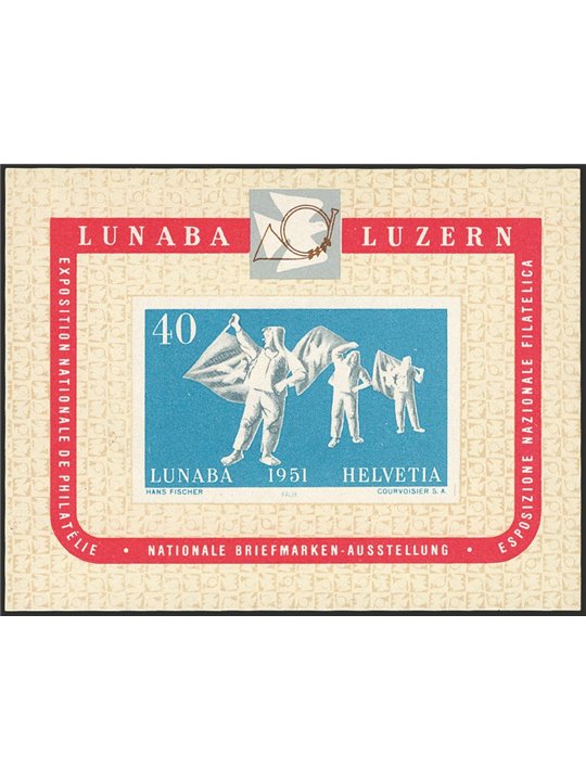 Svizzera 1951 BF Expo Filatelica di Lucerna "Lunaba" n° 14 Cert. Biondi Cat. € 275 (**)