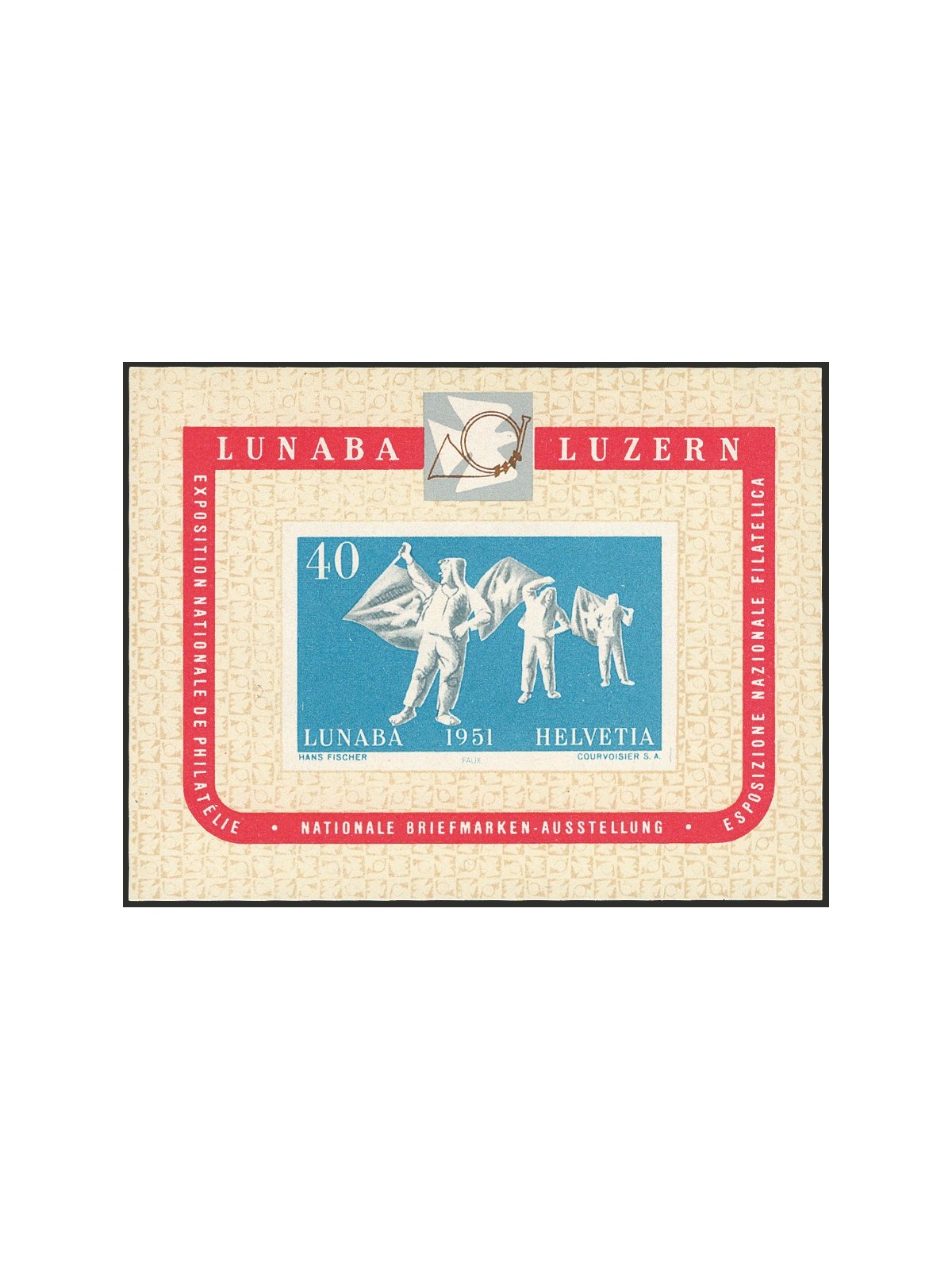 Svizzera 1951 BF Expo Filatelica di Lucerna "Lunaba" n° 14 Cert. Biondi Cat. € 275 (**)