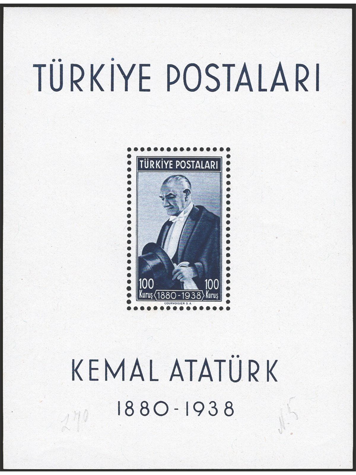 Turkey 1939 BF Anniversary of the death of President Atatürk no. 1 Cat. €100 (**)