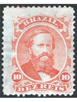 Brasile 1866 Imperatore Pedro II 10 r. rosso su carta azzurra n° 23B Cert. CiBaFil Cat. € 525 (U)