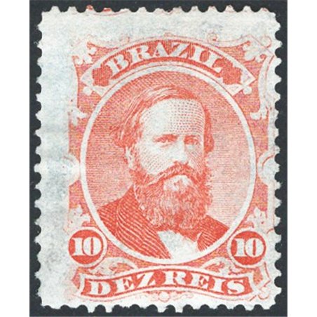 Brasile 1866 Imperatore Pedro II 10 r. rosso su carta azzurra n° 23B Cert. CiBaFil Cat. € 525 (U)