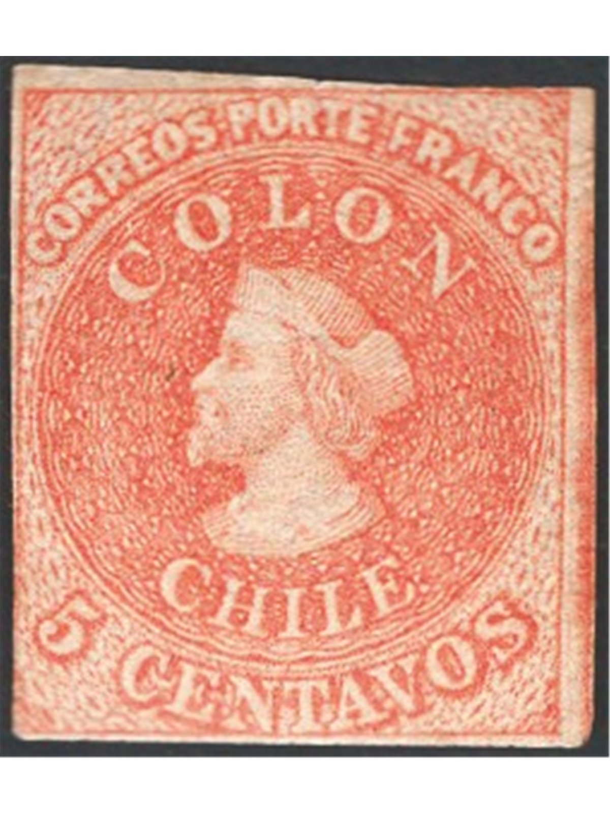 Cile 1861 Cristoforo Colombo 5 c. arancio n° 5b Cert. CiBaFil Cat. € 275 (*)