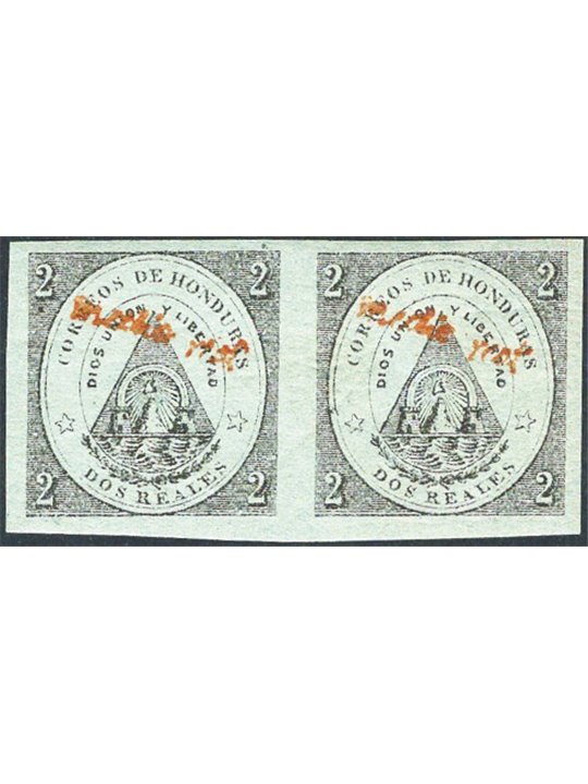 Honduras 1877 Coat of arms 2nd green-grey with red superimposed text “medio real” in a horizontal pair no. 9 Cat. €160 (**)