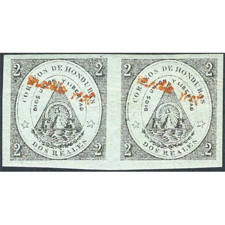 Honduras 1877 Coat of arms 2nd green-grey with red superimposed text “medio real” in a horizontal pair no. 9 Cat. €160 (**)