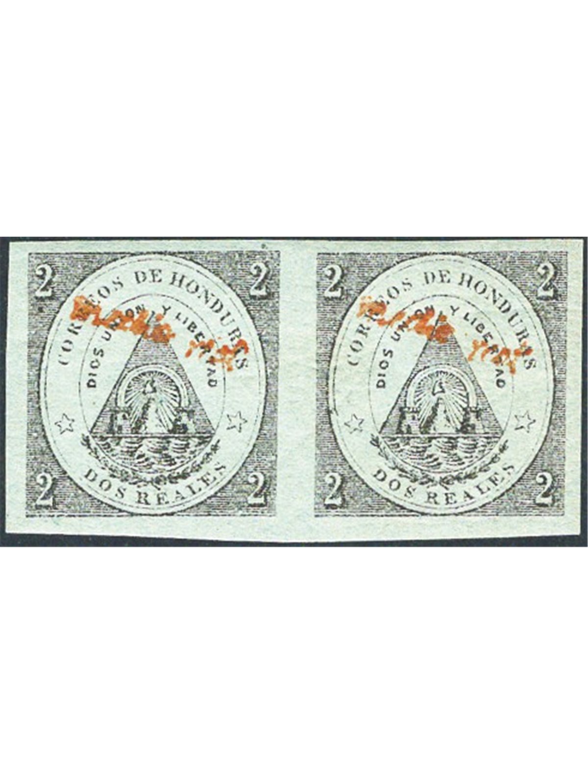 Honduras 1877 Stemma 2 r. verde grigio con soprast. rossa “medio real” in coppia orizzontale n° 9 Cat. € 160 (**)