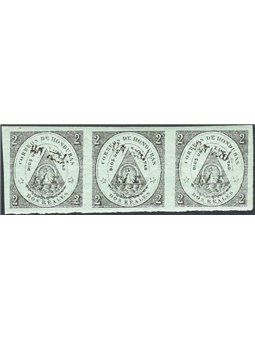 Honduras 1877 Stemma 2 r. verde grigio con soprast. in nero “un real” in striscia orizzontale di 3 n° 10 Cat. € 165 (**)
