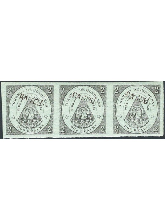 Honduras 1877 Coat of arms 2 green-grey rounds with the inscription in black “un real” in a horizontal strip of 3 no. 10 Cat. €1