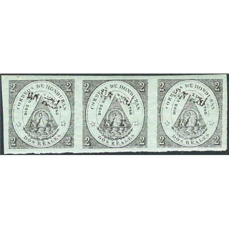 Honduras 1877 Stemma 2 r. verde grigio con soprast. in nero “un real” in striscia orizzontale di 3 n° 10 Cat. € 165 (**)
