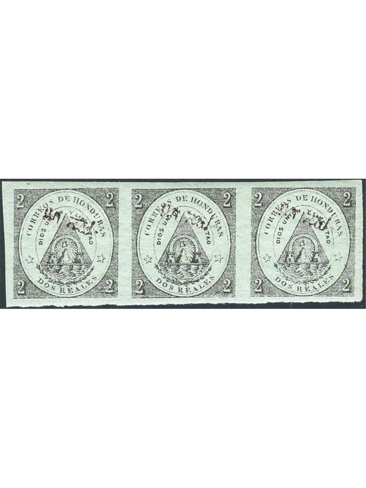 Honduras 1877 Stemma 2 r. verde grigio con soprast. in nero “un real” in striscia orizzontale di 3 n° 10 Cat. € 165 (**)