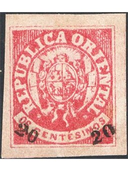 Uruguay 1864 Coat of arms 6-c. brick-red with “20 20” superimposed in the two lower corners no. 28. Signed AD ED. CiBaFil certif
