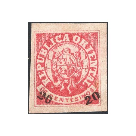 Uruguay 1864 Coat of arms 6-c. brick-red with “20 20” superimposed in the two lower corners no. 28. Signed AD ED. CiBaFil certif