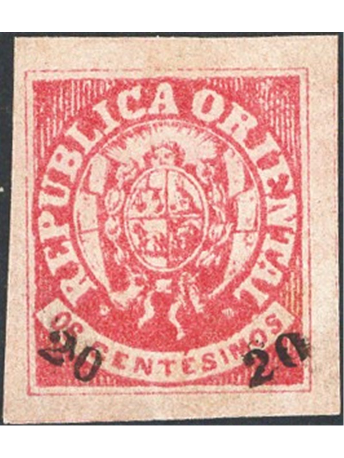 Uruguay 1864 Stemma 6 c. rosso mattone con soprast. “20   20” nei due angoli inferiori n° 28. Firm. AD ED Cert. CiBaFil Cat. € 5