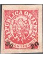 Uruguay 1864 Stemma 6 c. rosso mattone con soprast. “20   20” nei due angoli inferiori n° 28. Firm. AD ED Cert. CiBaFil Cat. € 5