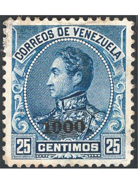 Venezuela 1900 Simon Bolivar 25 c. blu con soprast. nera “1900”  n° 74 Cat. € 600 (*)
