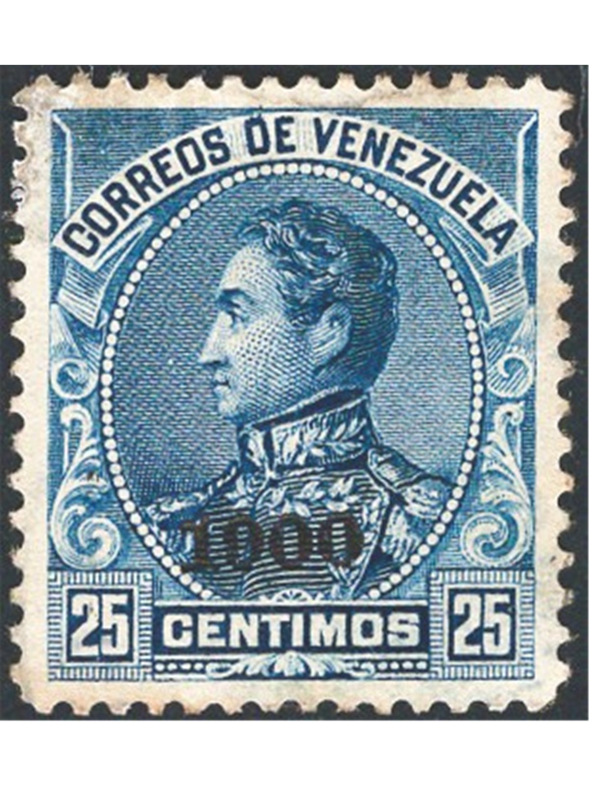 Venezuela 1900 Simon Bolivar 25 c. blu con soprast. nera “1900”  n° 74 Cat. € 600 (*)