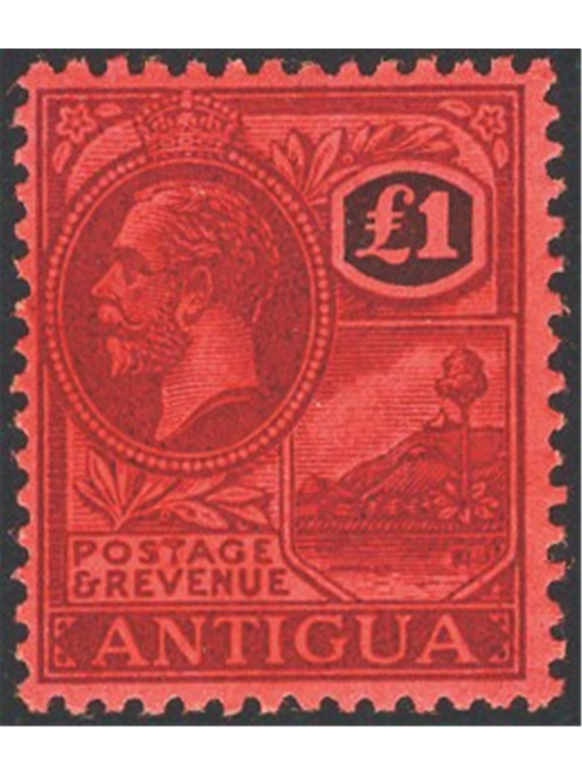 Antigua 1921/22 Giorgio V 1 £ violetto e nero su rosso n° 55 Cert. CiBaFil Cat. € 600 (**)