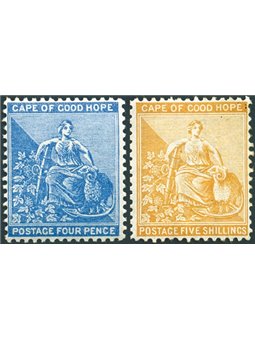 Capo di Buona Speranza 1871/76 Musa Speranza 4 p. blu e 5 sh. giallo senza filetto d'inquadramento filigrana "CC" e corona dent.