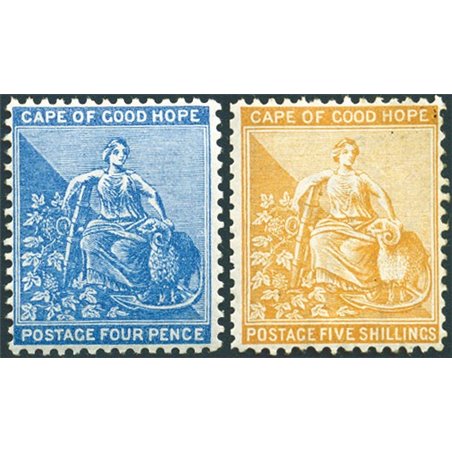 Capo di Buona Speranza 1871/76 Musa Speranza 4 p. blu e 5 sh. giallo senza filetto d'inquadramento filigrana "CC" e corona dent.