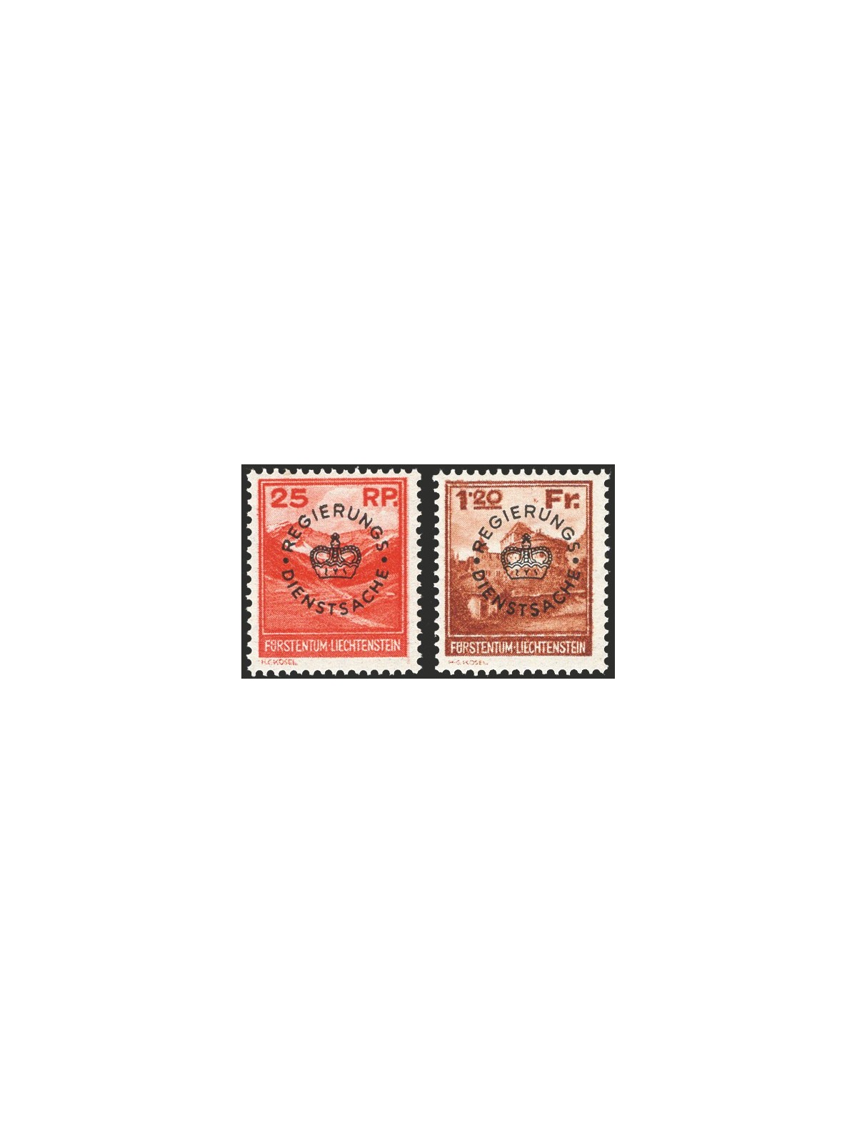 Liechtenstein 1933 Scenes with service overprint series no. 9/10 CiBaFil certificate Cat. €400 (**)