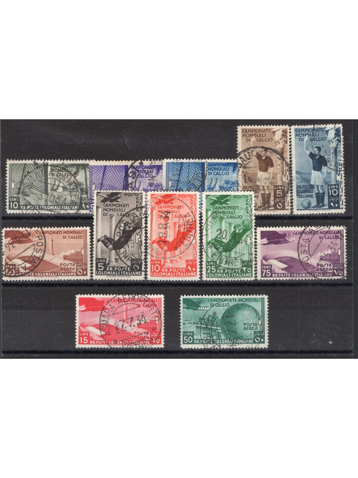 Italian Colonies 1934 Football series no. 46/50 + P.A. 31/37 Cert. Biondi Cat. €3,000 (U)