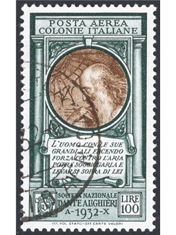 Italian Colonies 1932 P.A. Dante 100 £ olive green and brown with original dated postmark no. 14 Cert. CiBaFil Cat. €250 (U)