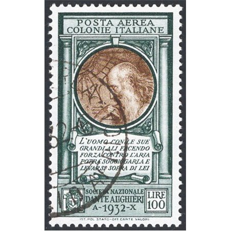 Italian Colonies 1932 P.A. Dante 100 £ olive green and brown with original dated postmark no. 14 Cert. CiBaFil Cat. €250 (U)