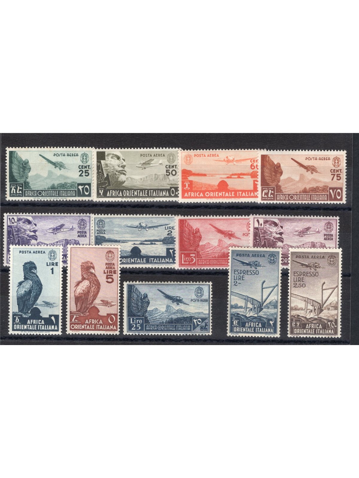 A.O.I. 1938 P.A. Soggetti vari serie n° 1/13 Cert. CiBaFil Cat. € 1.250 (**)