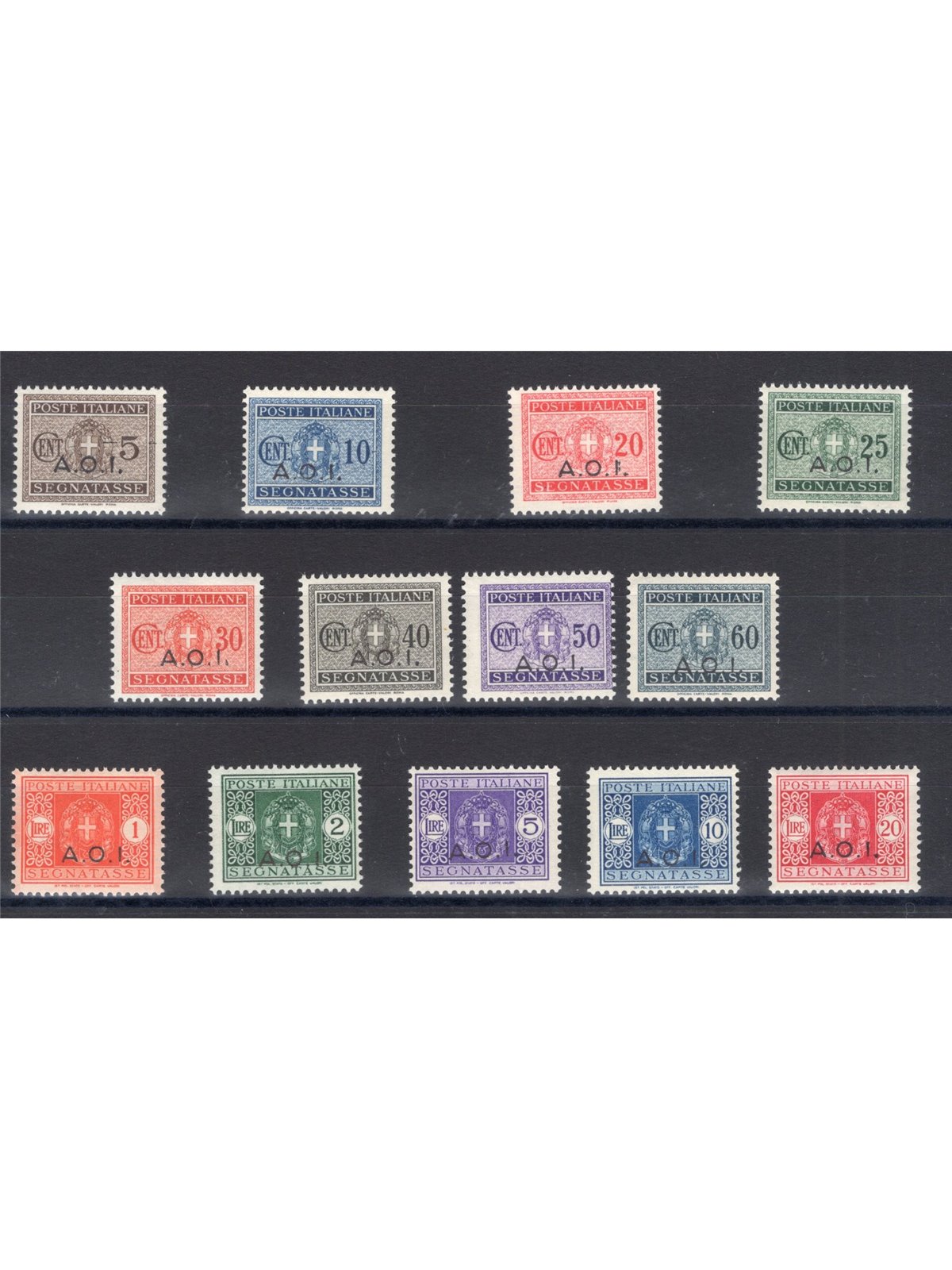 A.O.I. 1939/40 Overprinted tax stamps unissued series no. 1/13. Signed ED. Biondi Cert. Cat. €650 (**)