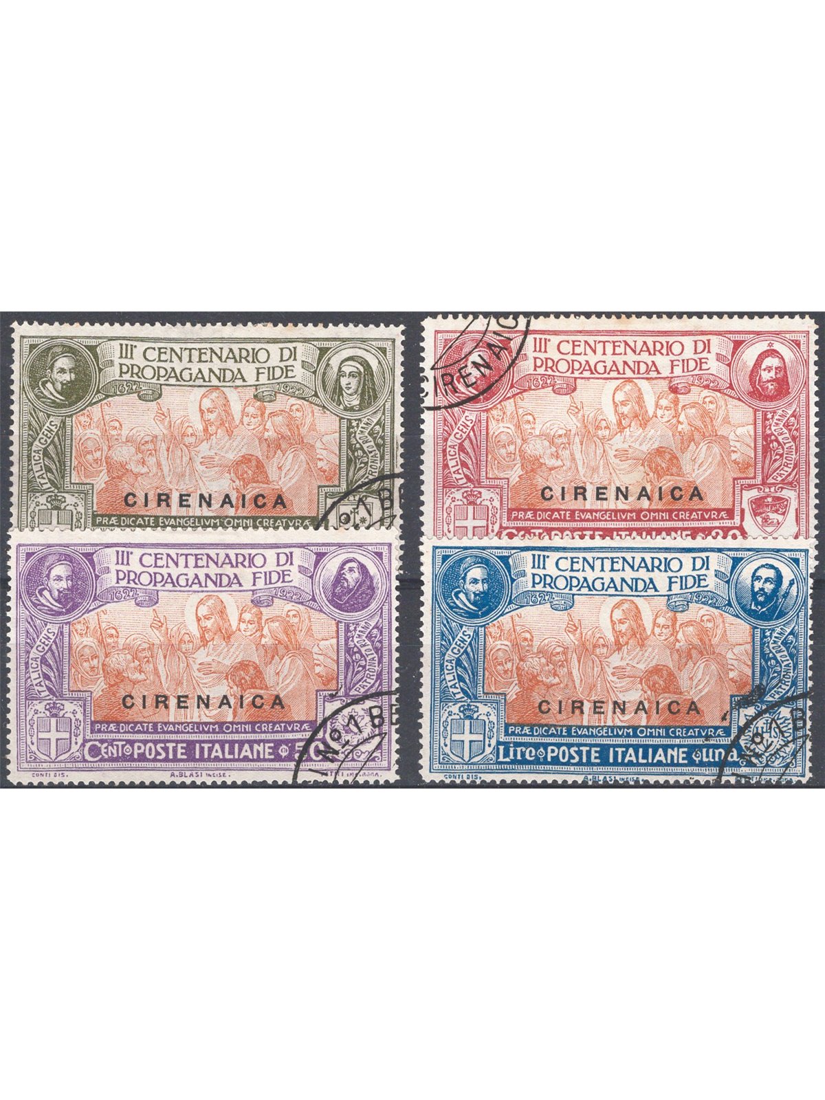 Cirenaica 1923 Propaganda Fide serie n° 1/4 con annulli poco leggibili Cat. € 350 (U)
